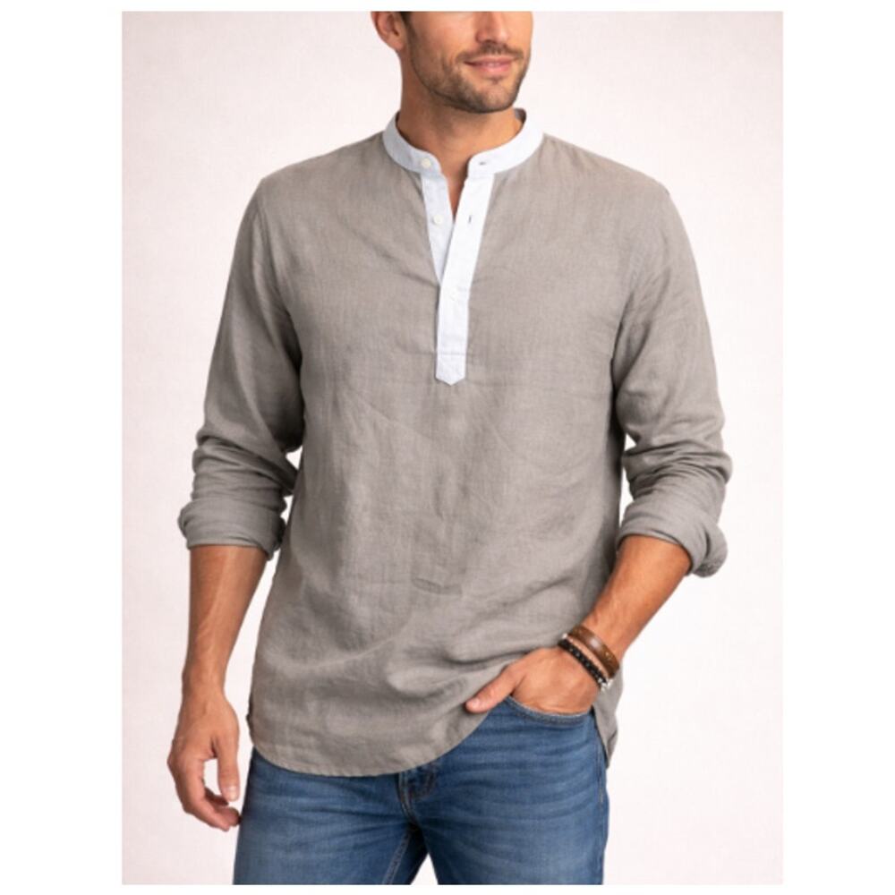 New Isle Bay Linens Men's Khaki Roll-Up Sleeve Front Henley Beach Shirt Size S